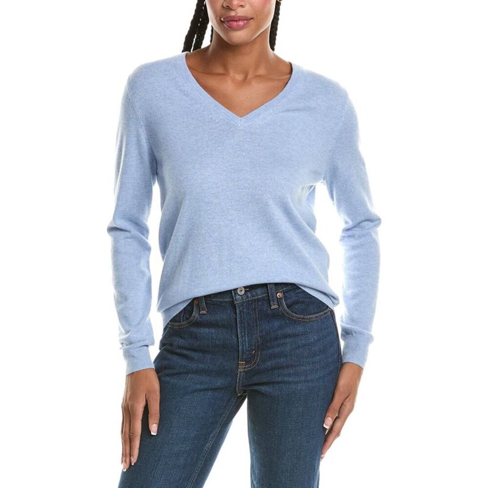 N.Peal Womens  Phoebe V-Neck 100% Cashmere Sweater, Blue